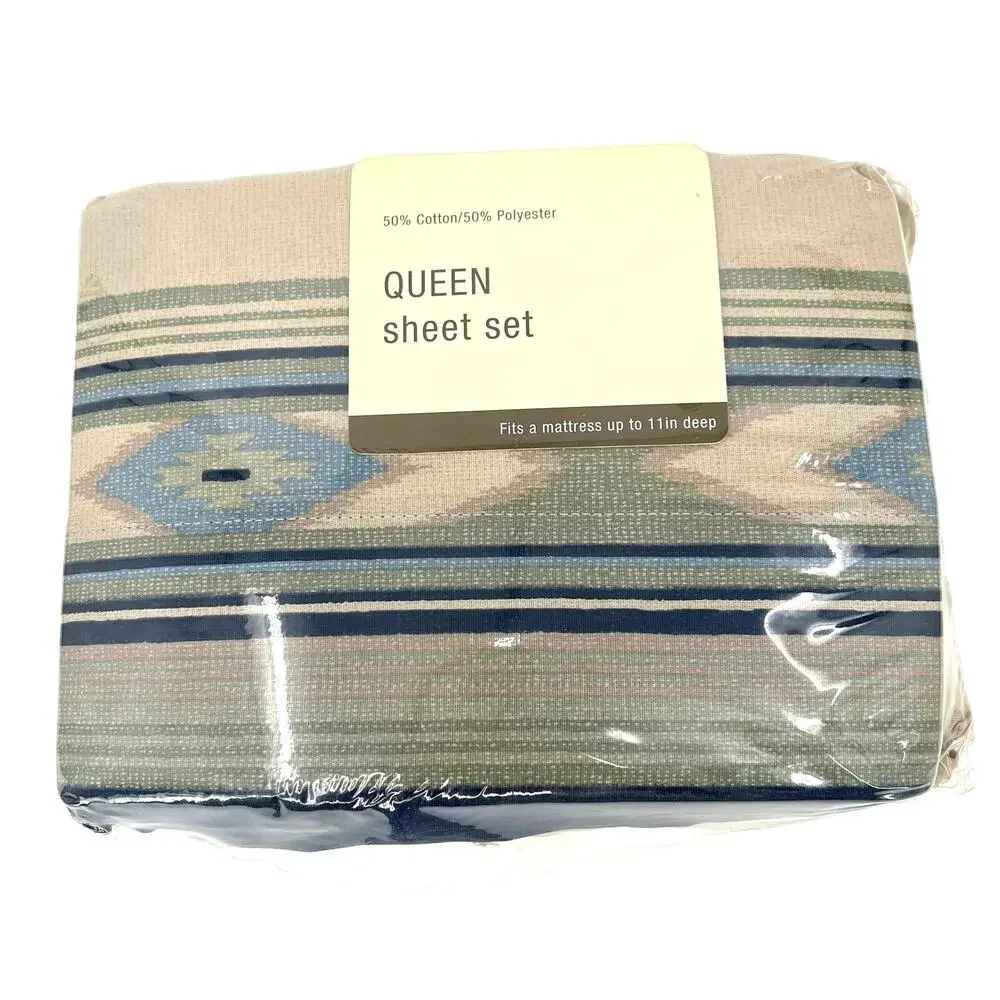 Vintage made in USA southwestern cabin Aztec sheet set